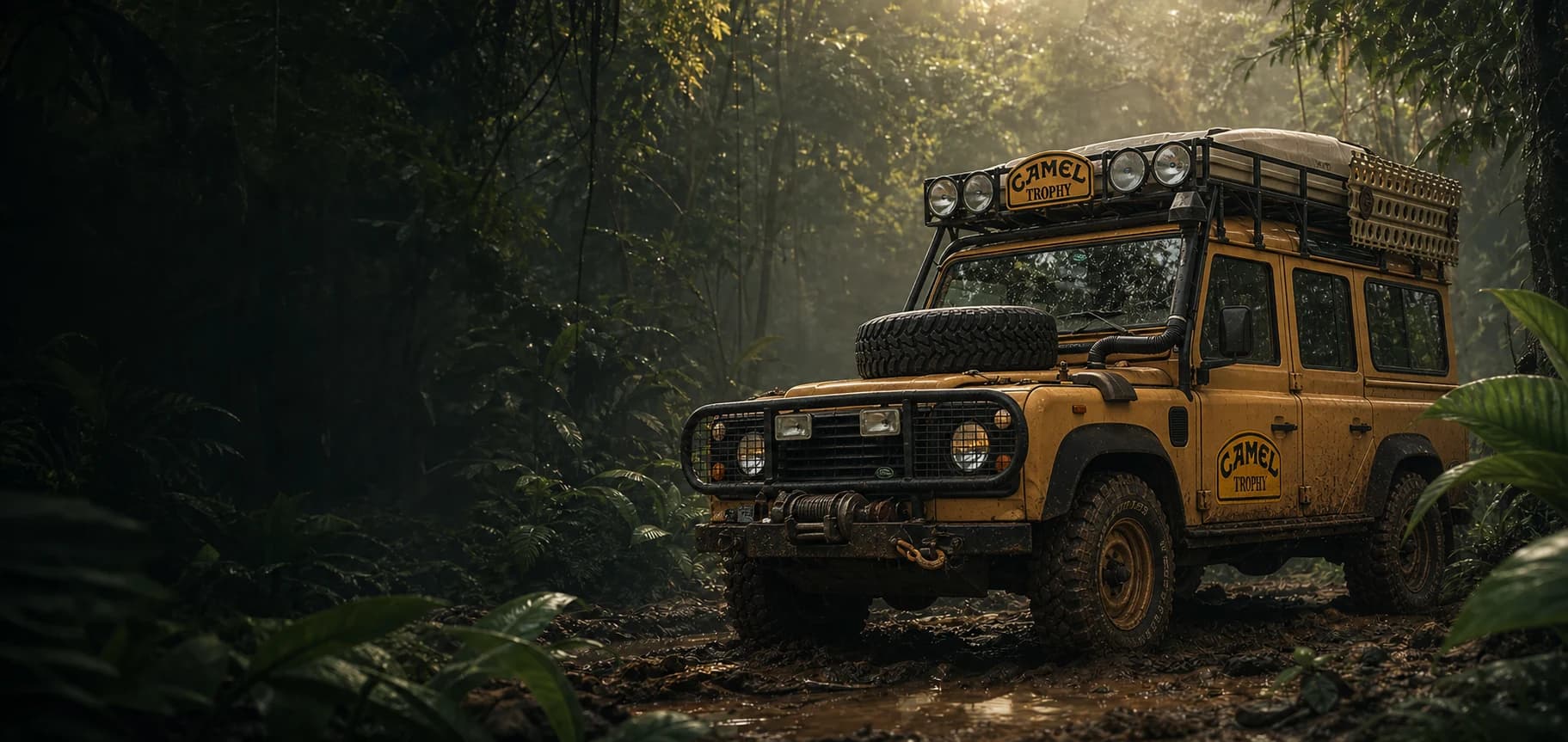 Sandglow classic Defender 110 expedition truck on a muddy jungle trail